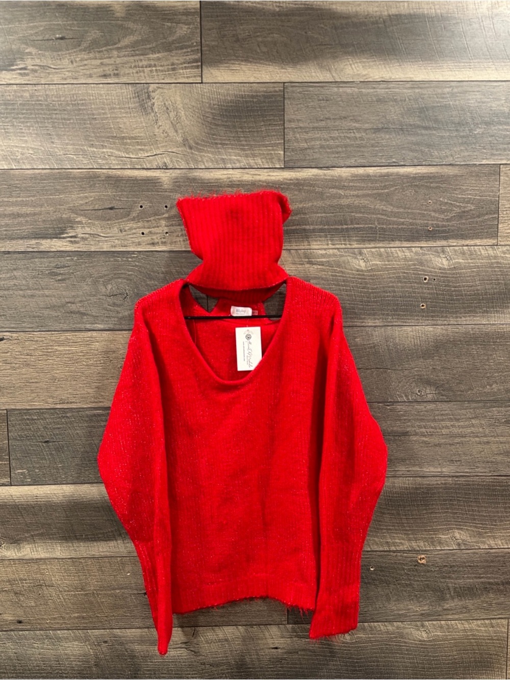 Chunky Turtleneck Sweater With Neck Cutout Red Large Bluivy Alicia DiMichele